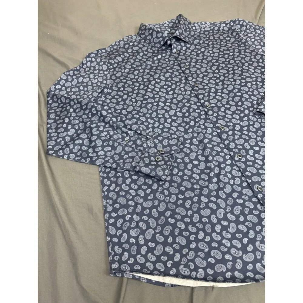 Bugatchi Mens XXL Navy Blue Paisley 8-Way Stretch Long Sleeve Shirt CF9115K60 - Picture 11 of 16